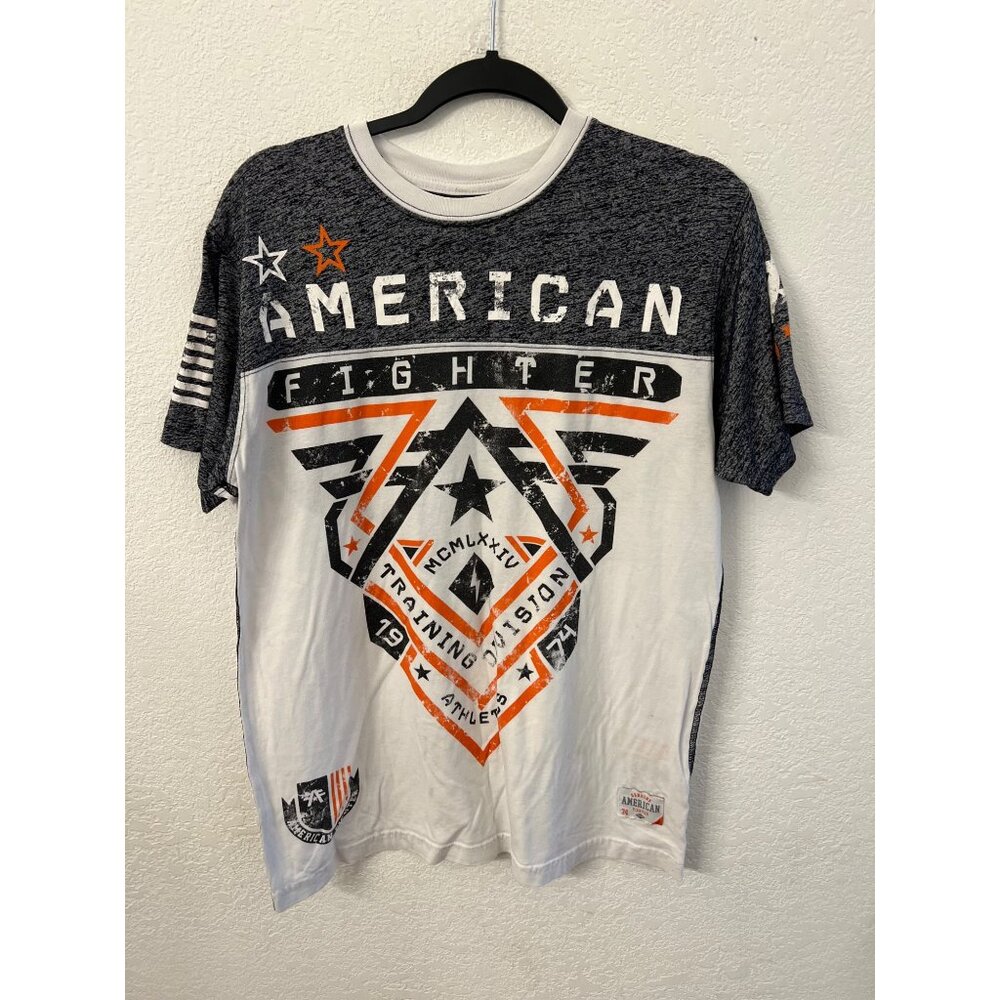 American Fighter Mens Large T-Shirt Training Division Graphics Gray & White